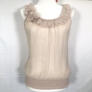 Mine Sheer Pullover Blouse Top Size S Scoop Neck Pearl Rosettes Beige